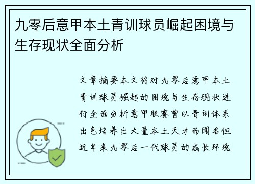 九零后意甲本土青训球员崛起困境与生存现状全面分析